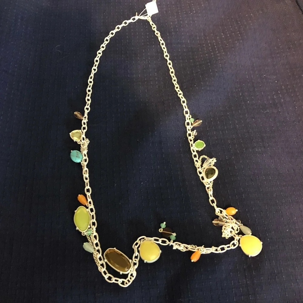 Lia Sophia‎ Boho Necklace Yellow Blue Silver Tone Long Multicolor 40 inches